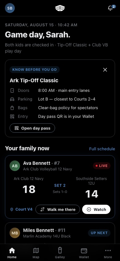 The Ark member app — game day home screen